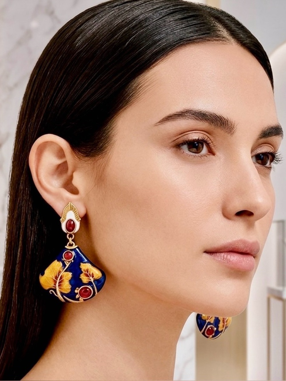 Vintage Inspired Chinese Enamel Earrings Blue Floral Gold Tone Statement Dangles